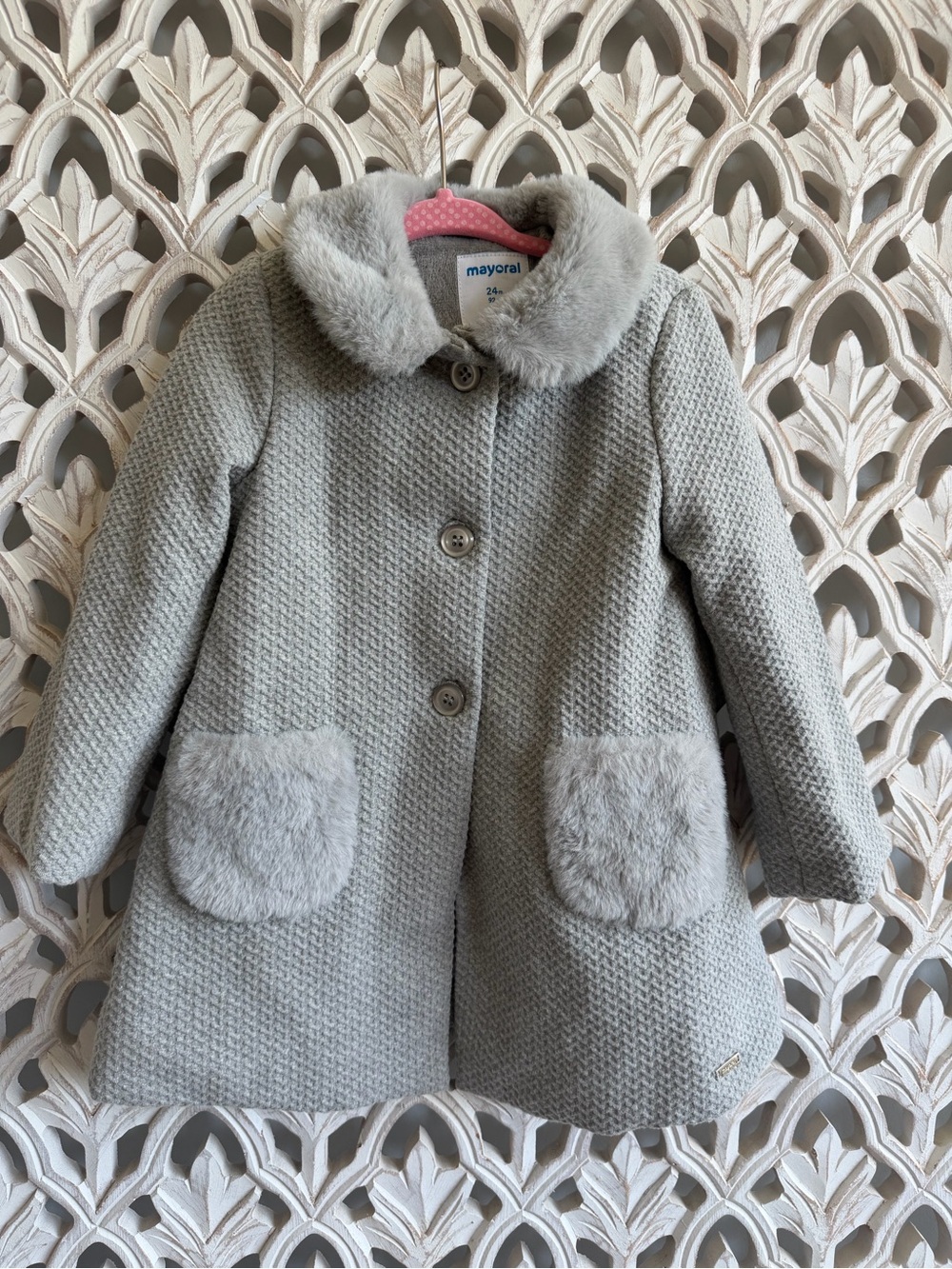 Mayoral Girls Gray Wool Blend Faux Fur Coat 24M 92cm